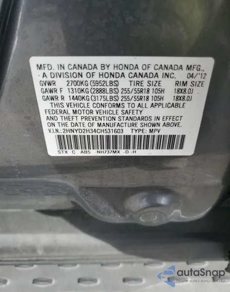 2012 Acura Mdx Technology z USA, uszkodzony, nr VIN 2HNYD2H34CH531603